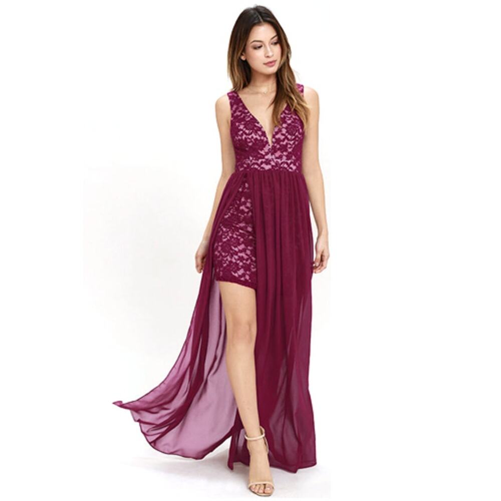 Lulu’s Make Way for Wonderful Berry Red Lace Maxi Dress Full Front Split Slit M - Picture 16 of 16